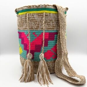 Authentic Wayuu Mochila Bag - Neon Pink & Teal Geometric Design - Medium